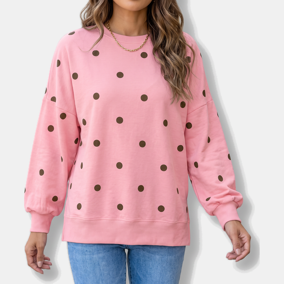 Women's Oversized Crewneck Polka Dot Bow Detail Sweatshirt