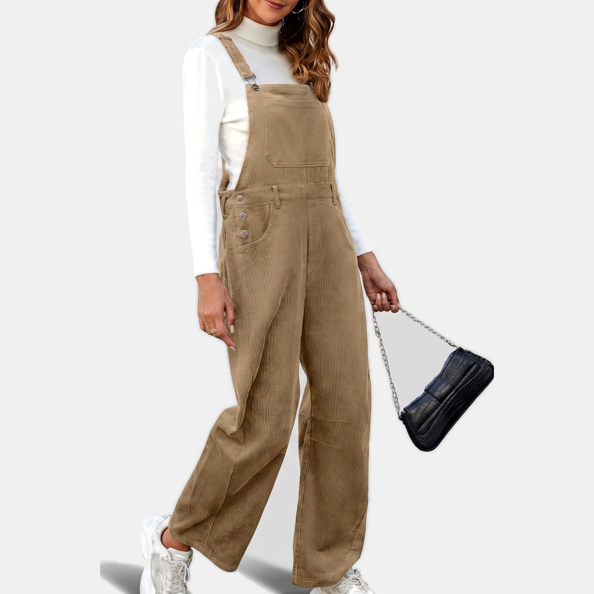Women's Corduroy Wide Leg Bib Overalls with Buckle Straps