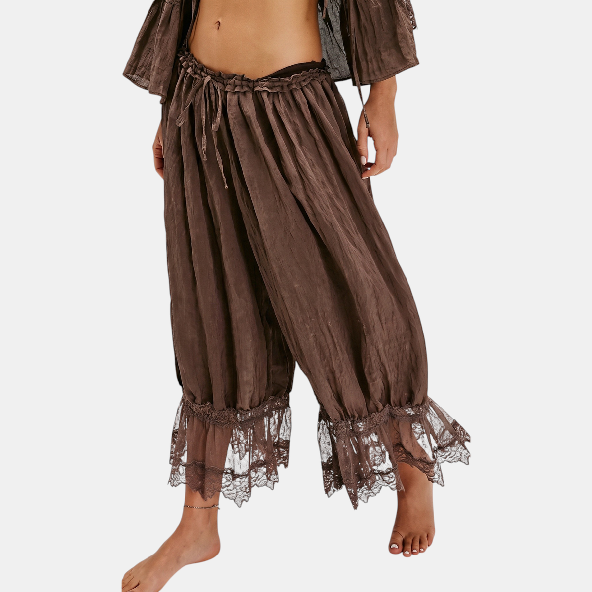 Women's Wide Leg Lace Trim Ruffle Hem Palazzo Pants
