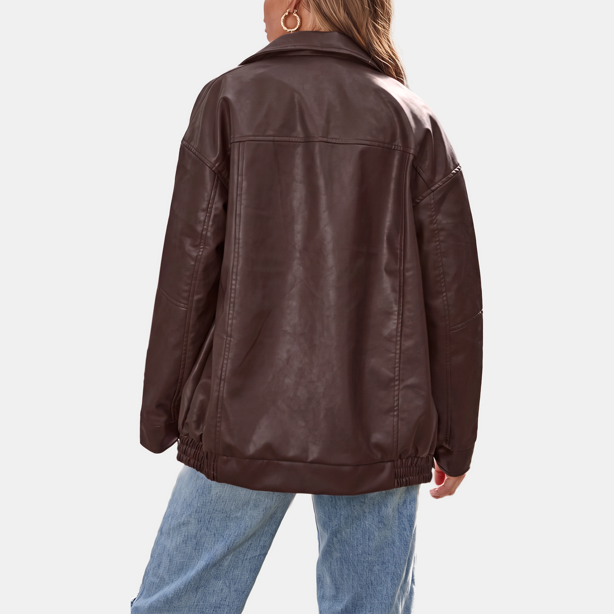 Women's Oversized Faux Leather Bomber Jacket with Zip Front