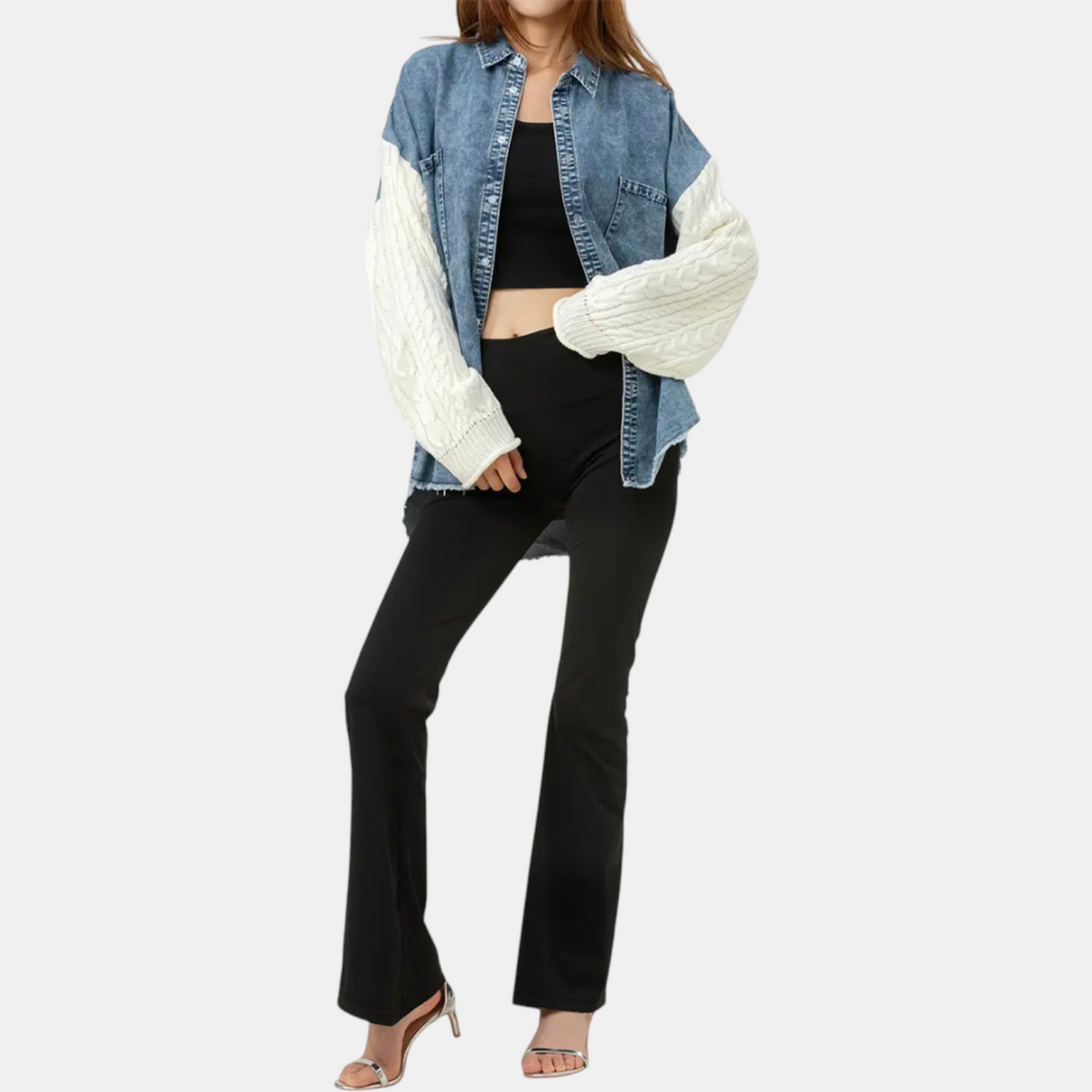 Women's Cable Knit Sleeve Denim Jacket Button Front Shacket