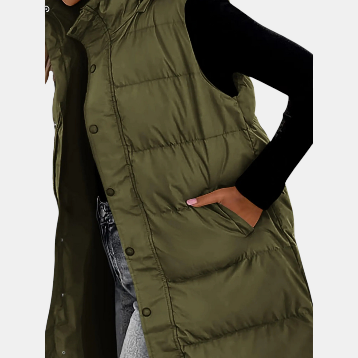 Laura - Women's Puffer Vest Quilted Hooded Maxi Length Button Down