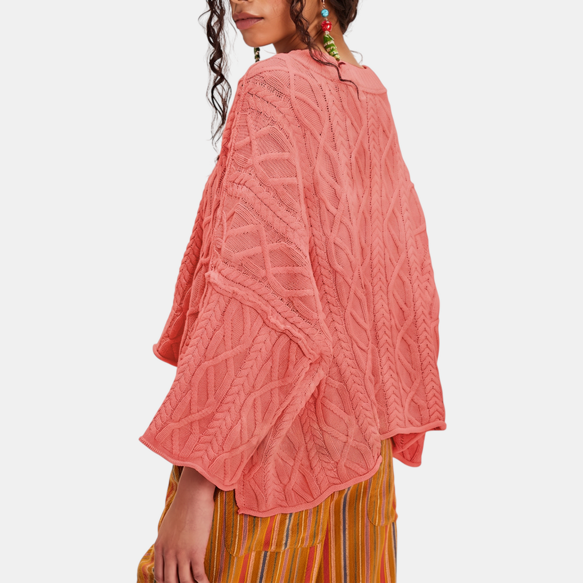 Women's Cable Knit Cropped Sweater Bell Sleeve Pullover