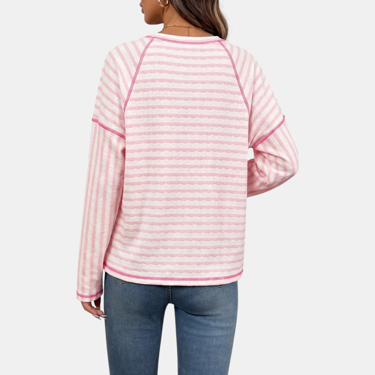 Women's Striped Crewneck Relaxed Raglan Pullover Sweatshirt
