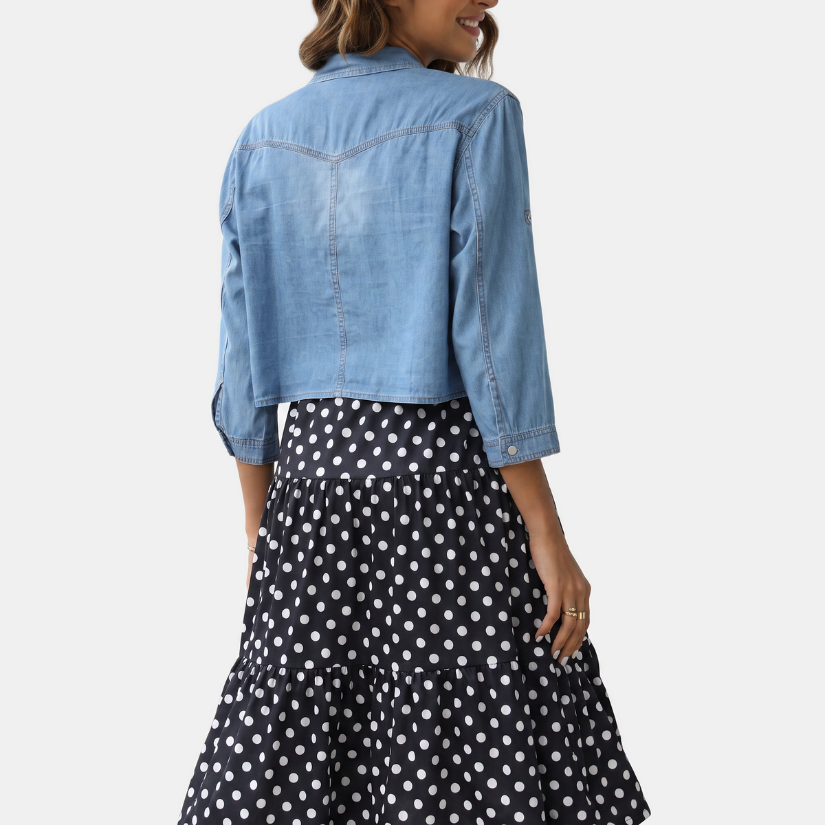 Women's Tie Knot Crop Denim Shirt with Western Snap Button Front