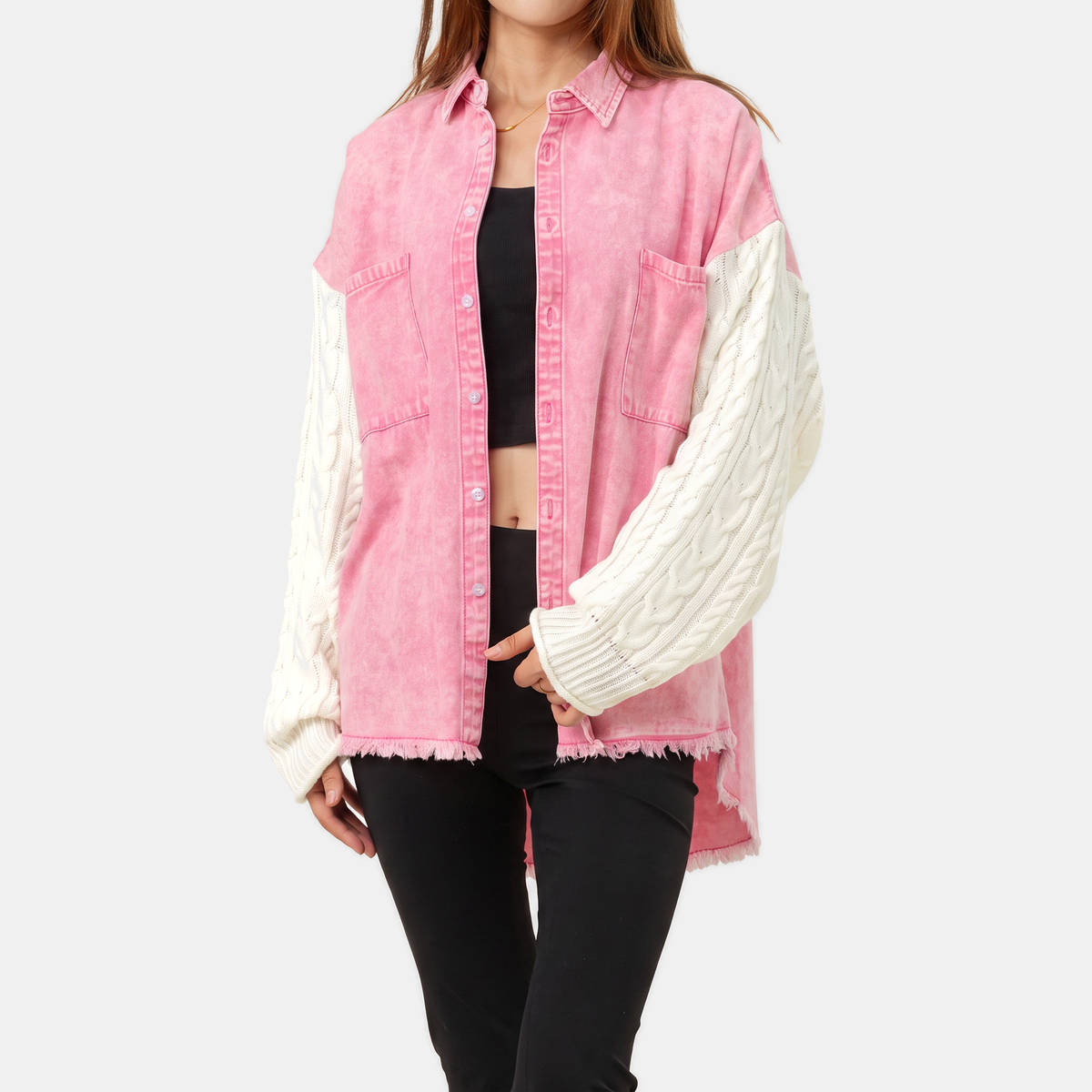 Women's Cable Knit Sleeve Denim Jacket Button Front Shacket