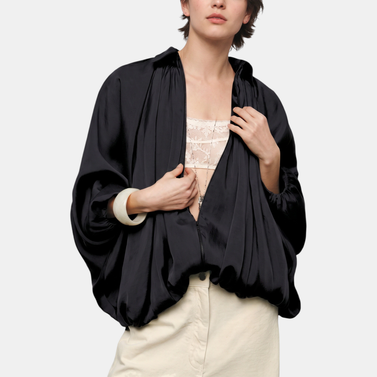 Women's Oversized Bubble Hem Batwing Bomber Jacket