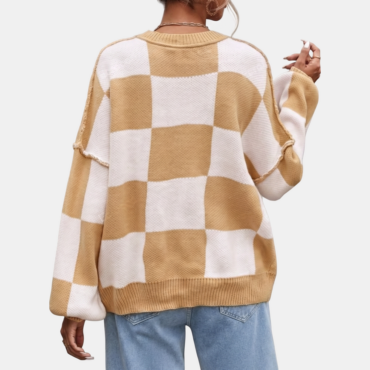 Women's Oversized Balloon Sleeve Checkered Knit Sweater