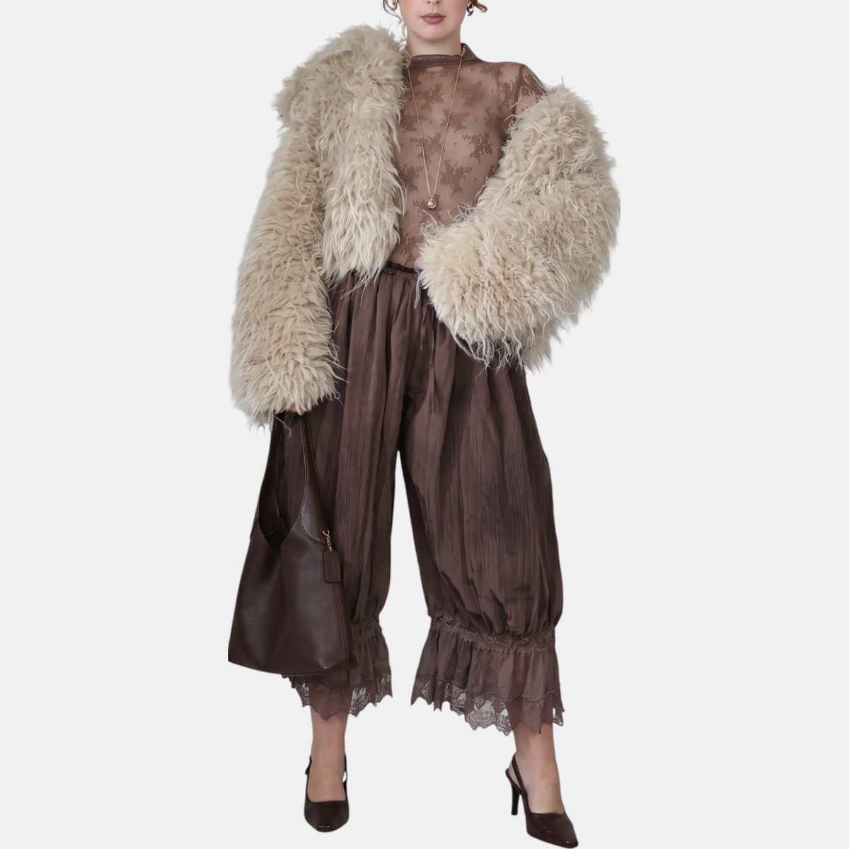 Women's Wide Leg Lace Trim Ruffle Hem Palazzo Pants