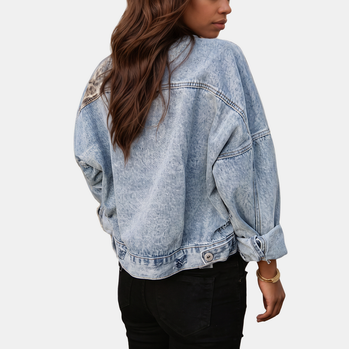 Women's Patchwork Button Front Denim Jacket with Distressed Hem