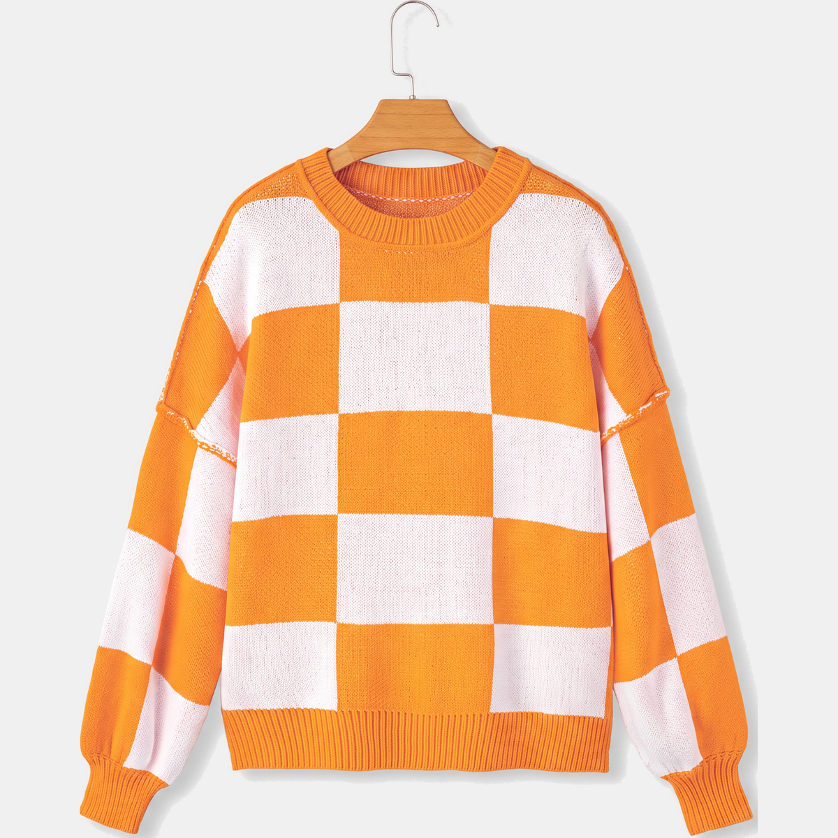 Women's Oversized Balloon Sleeve Checkered Knit Sweater