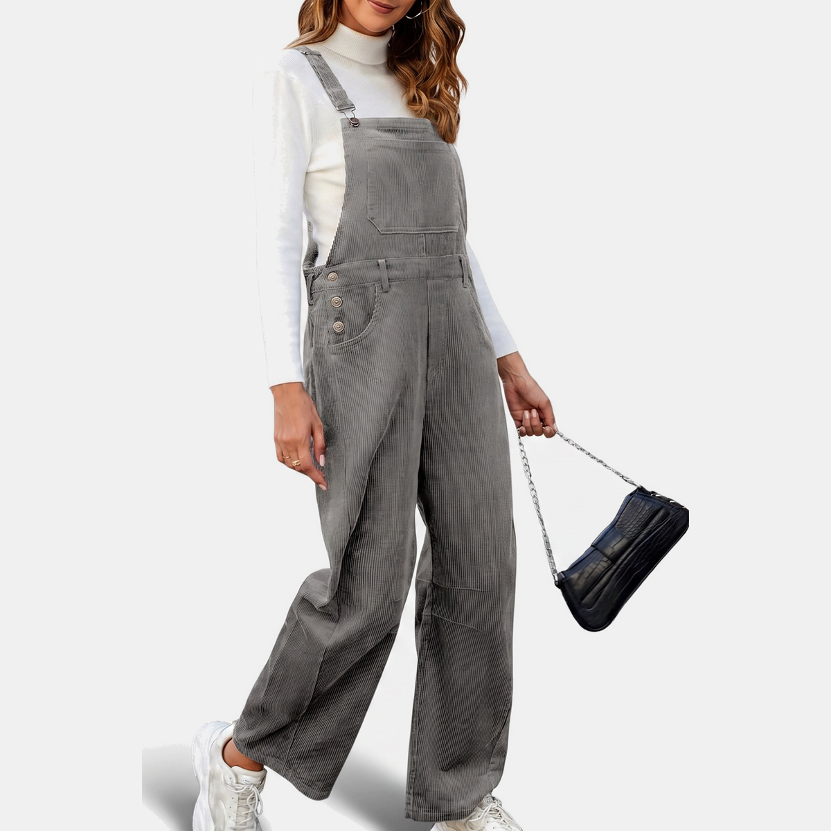 Women's Corduroy Wide Leg Bib Overalls with Buckle Straps