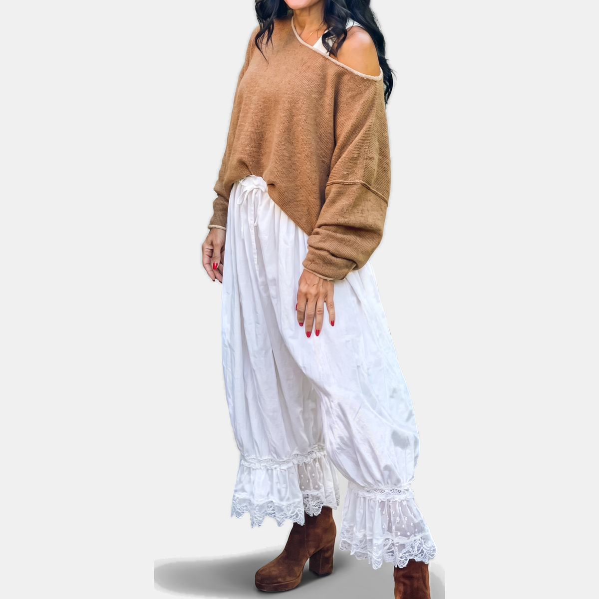Women's Wide Leg Lace Trim Ruffle Hem Palazzo Pants