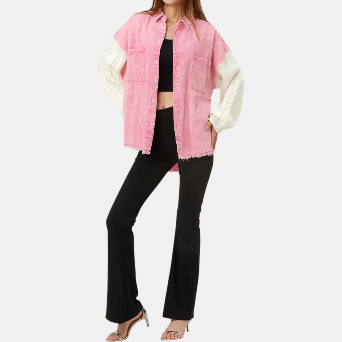 Women's Cable Knit Sleeve Denim Jacket Button Front Shacket