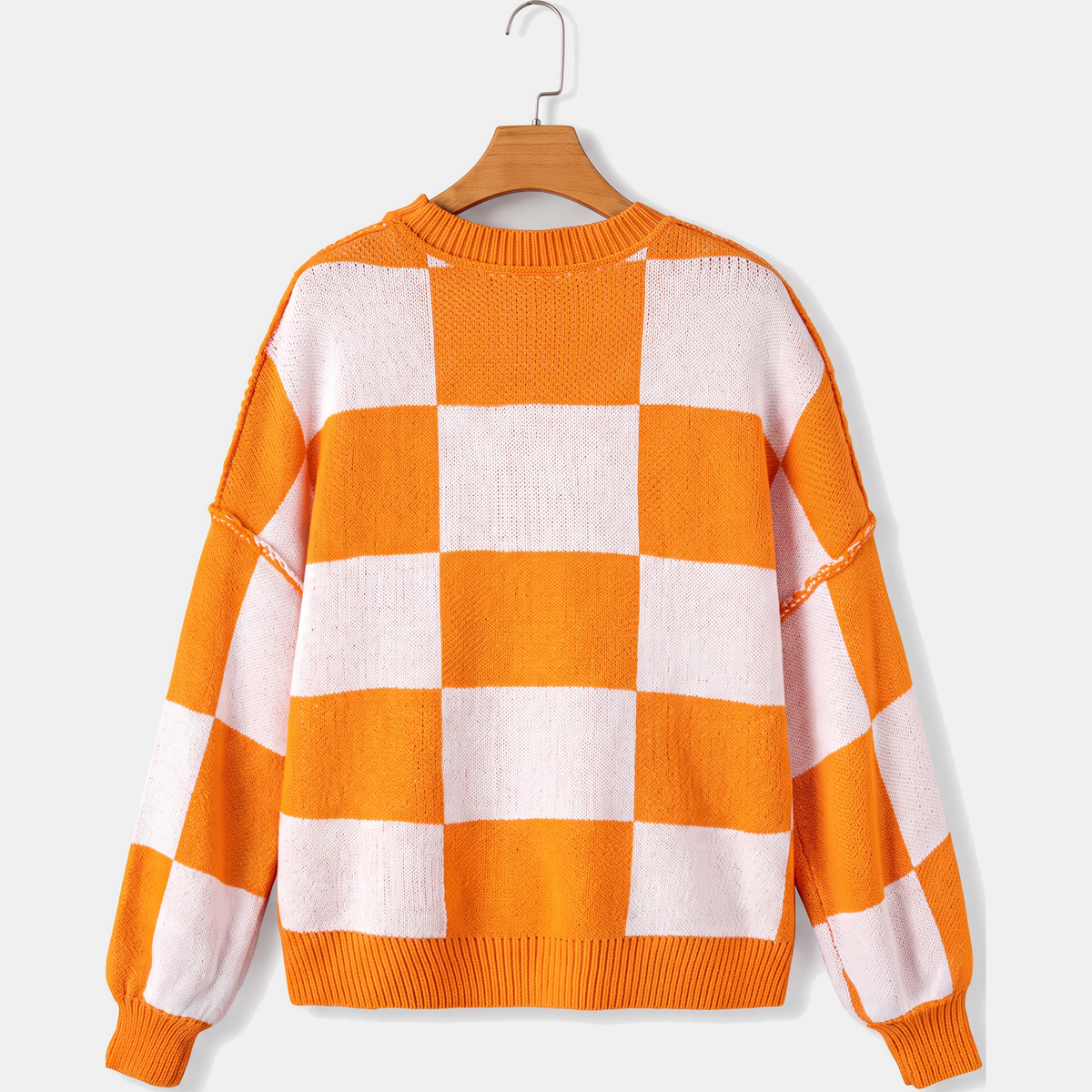 Women's Oversized Balloon Sleeve Checkered Knit Sweater
