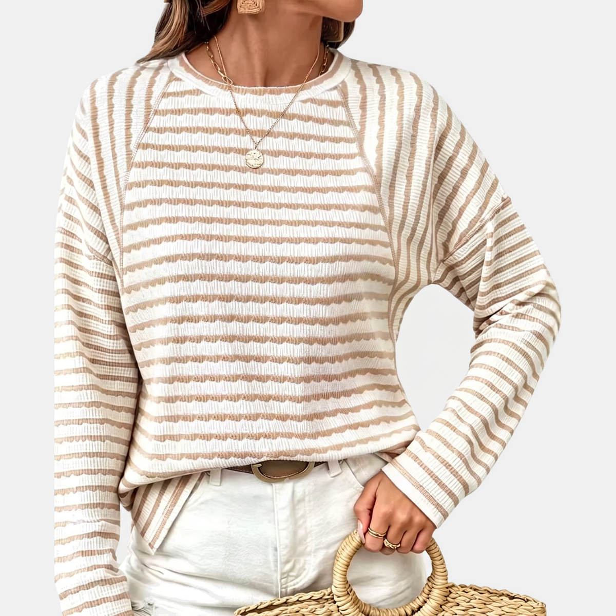 Women's Striped Crewneck Relaxed Raglan Pullover Sweatshirt