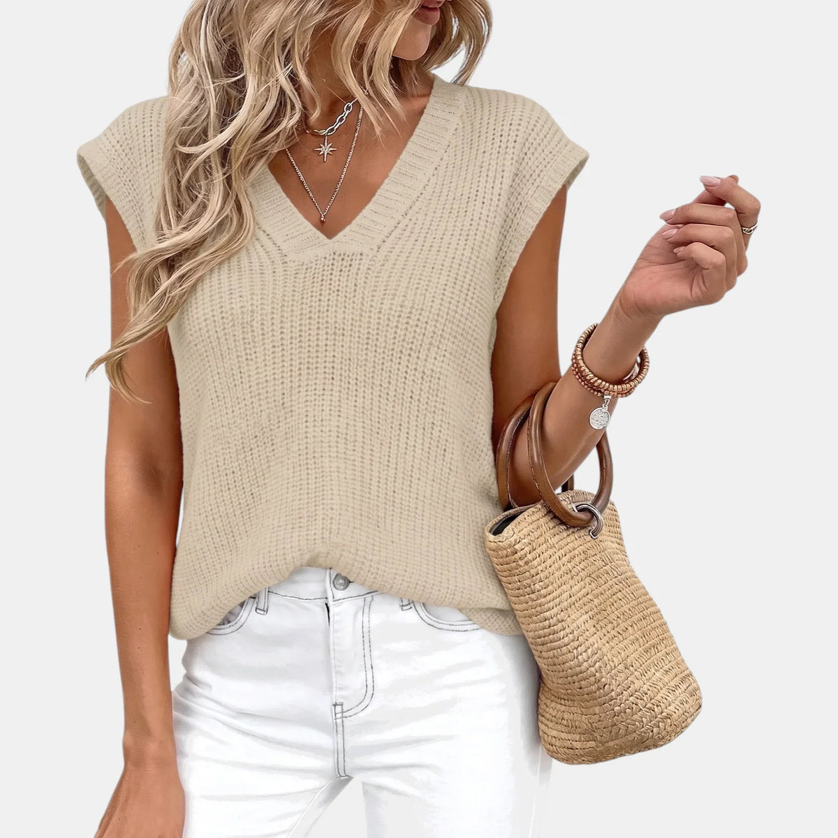 Women's Sweater Vest Chunky Ribbed Knit V-Neck Sleeveless Top