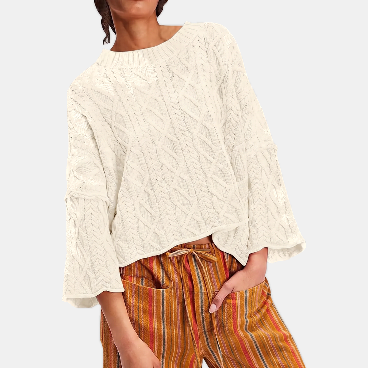 Women's Cable Knit Cropped Sweater Bell Sleeve Pullover
