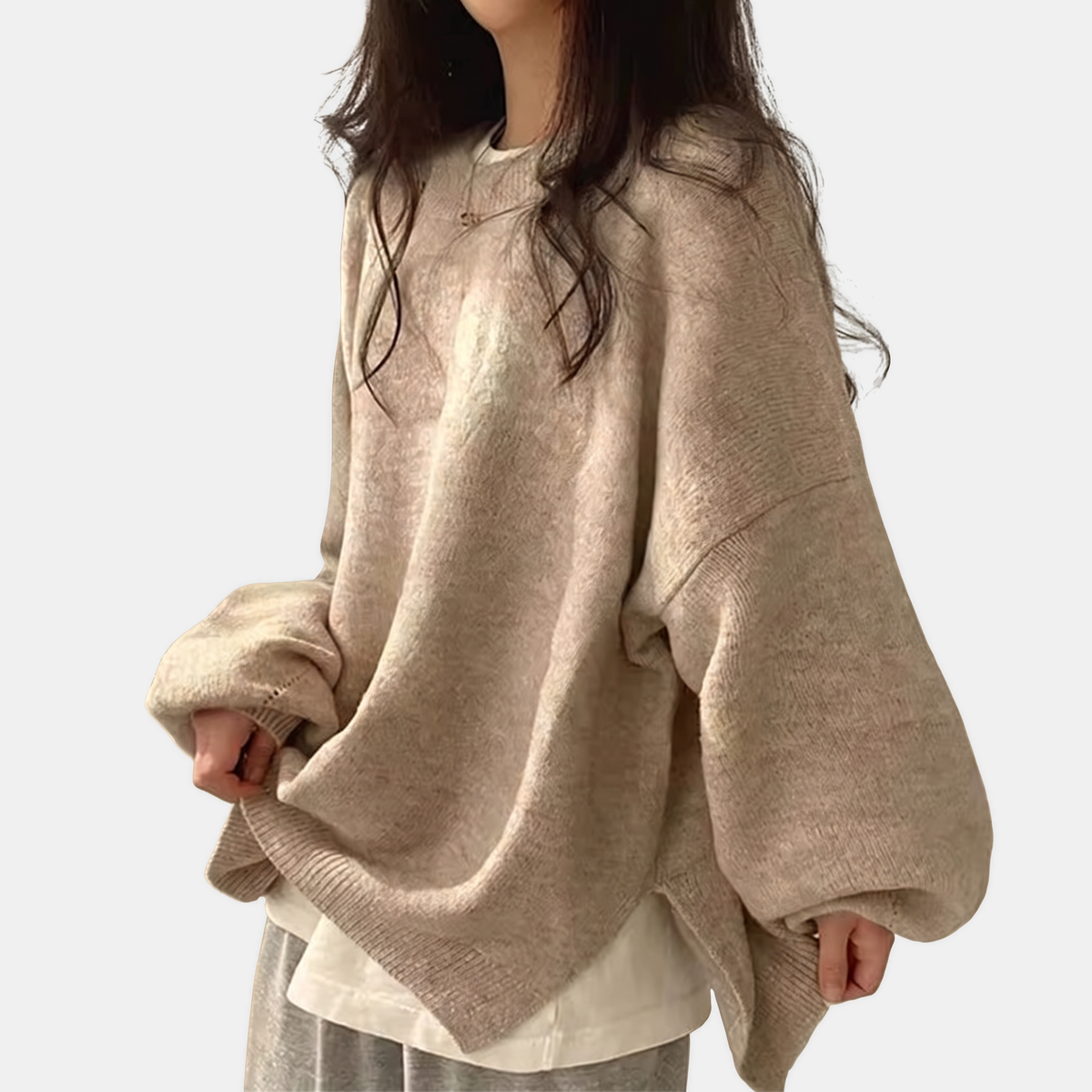 Women's Oversized Side Slit Ribbed Crew Neck Knit Sweater