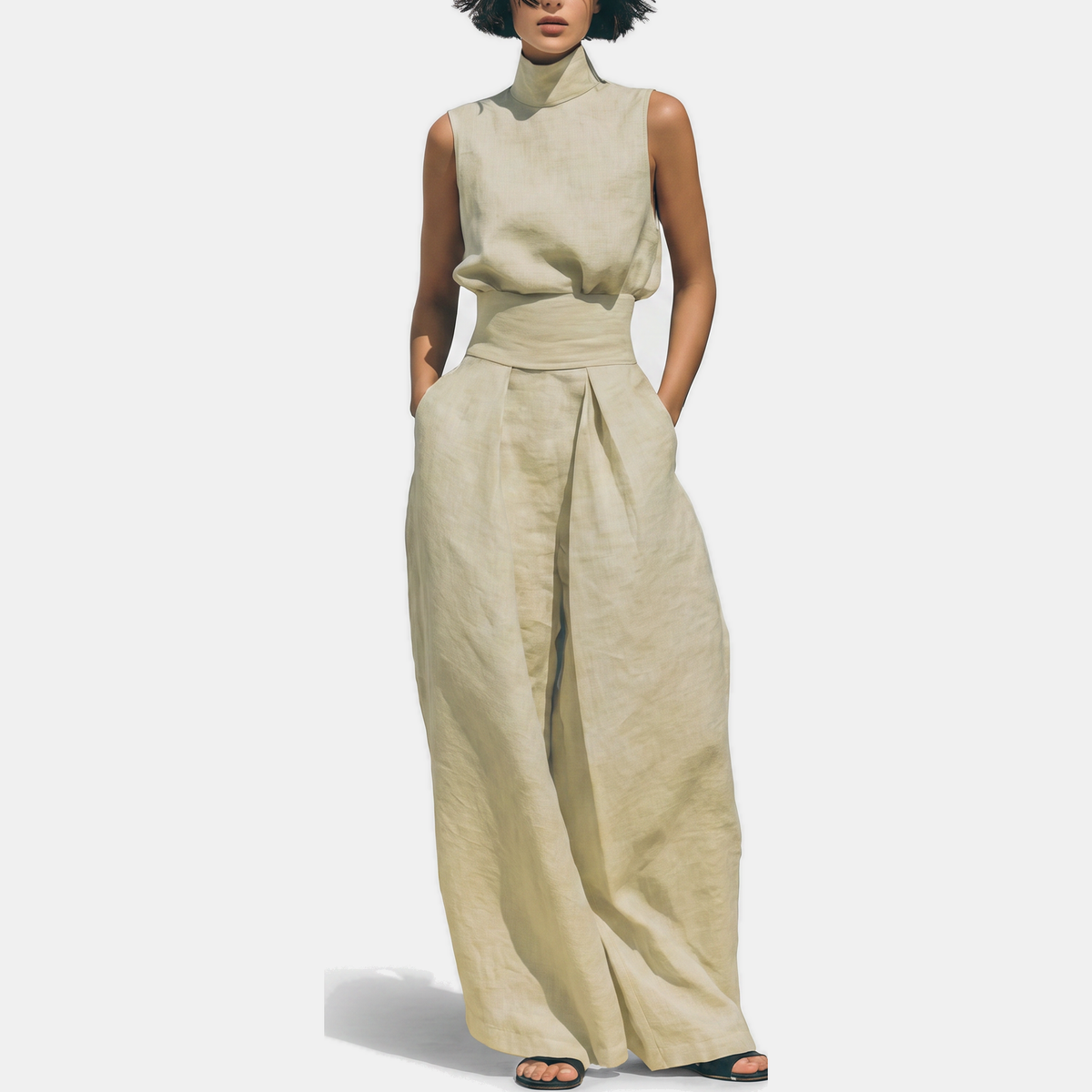 Women's Sleeveless Turtleneck Linen Wide Leg Trouser Co-ord Set