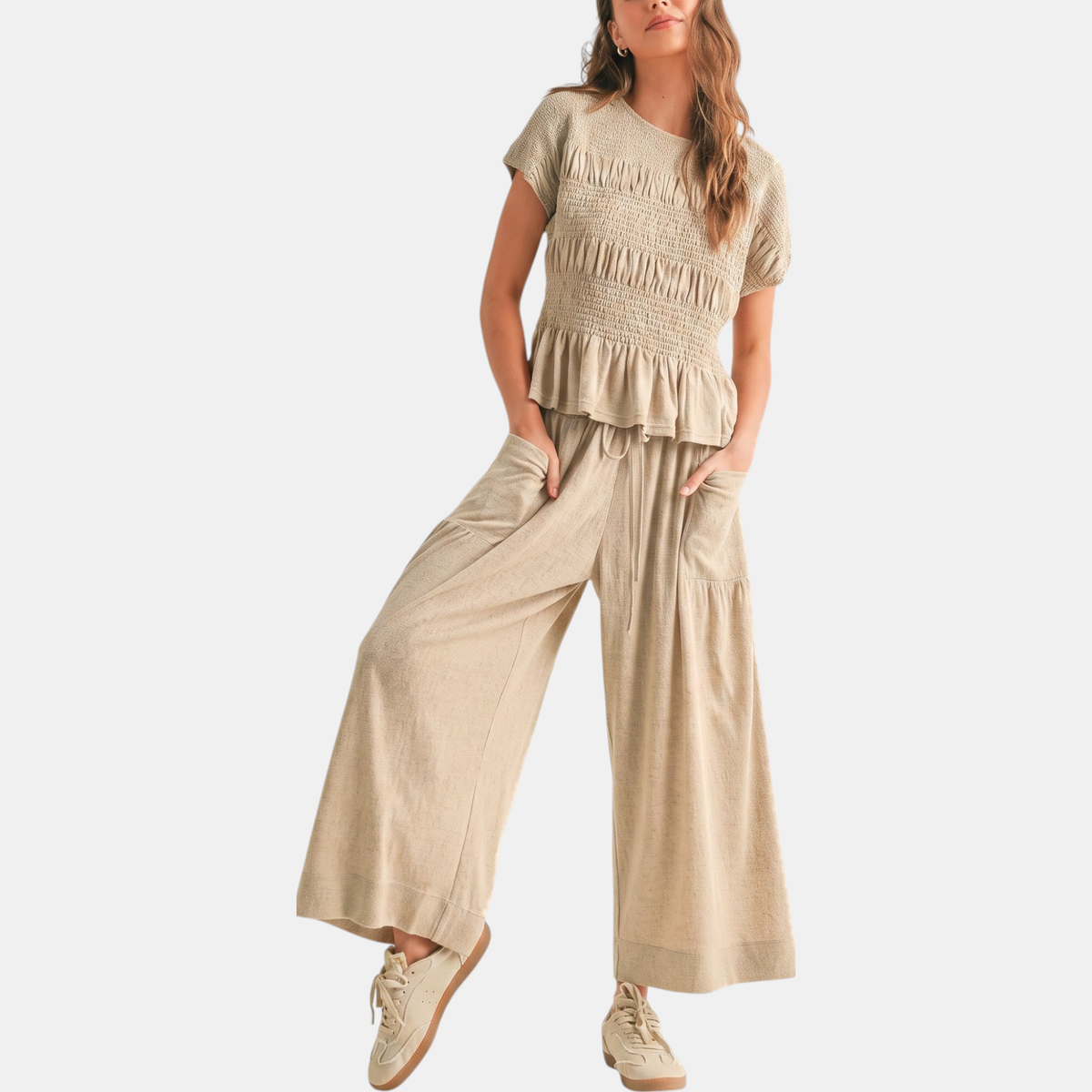 Women's Smocked Peplum Top and Wide Leg Lounge Set