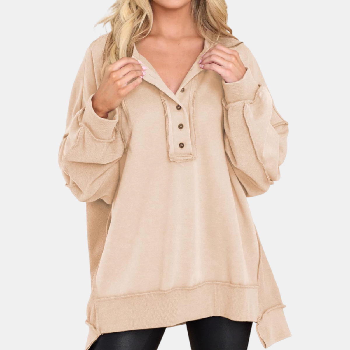 Women's Oversized Hoodie Button Placket Balloon Sleeve Sweatshirt