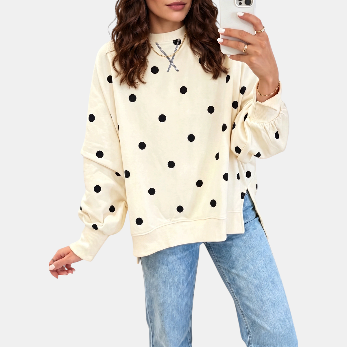 Women's Oversized Crewneck Polka Dot Bow Detail Sweatshirt