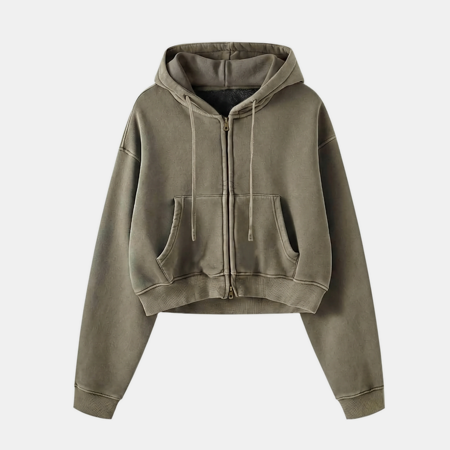 Women's Acid Wash Cropped Zip Up Hoodie Fleece Sweatshirt