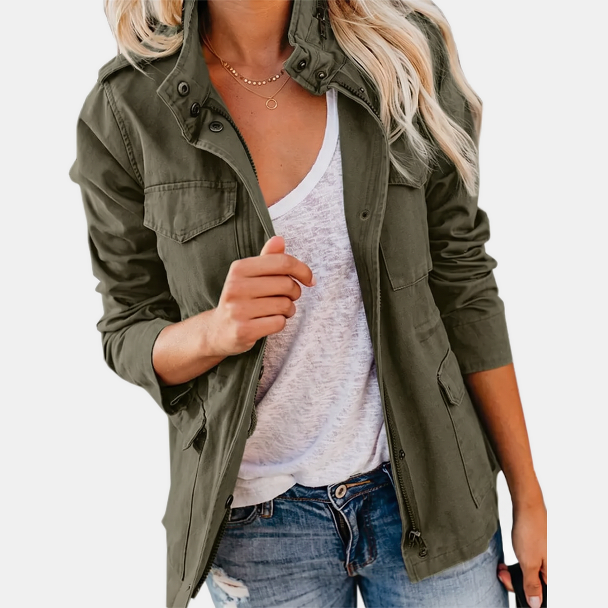 Women's Utility Field Jacket Snap Button Placket Drawstring Waist