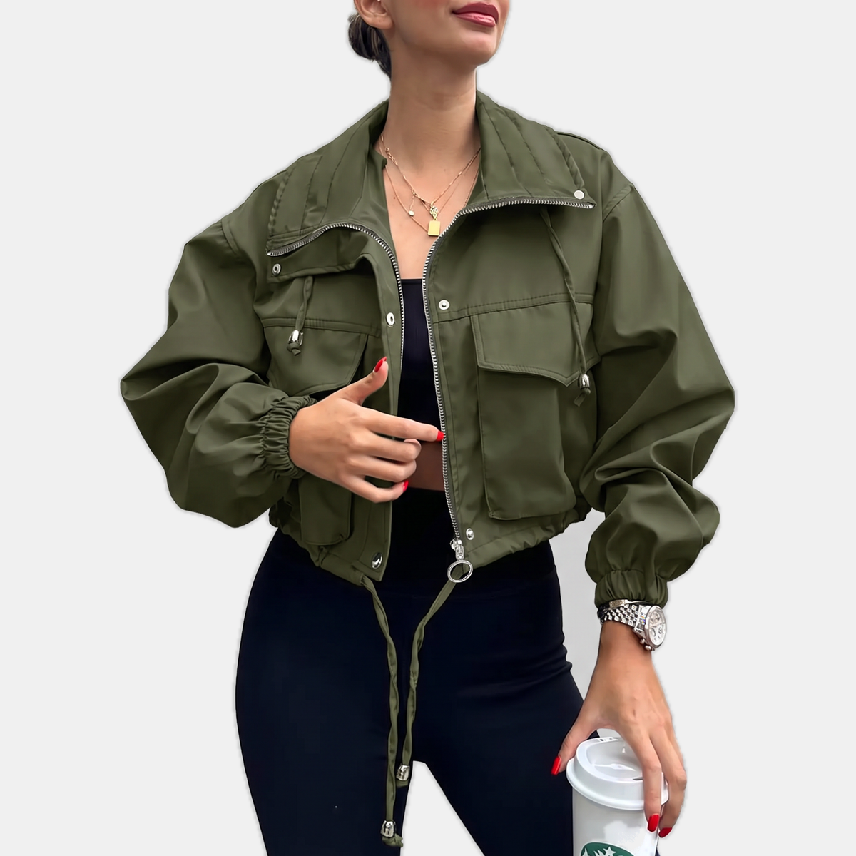 Women's Cropped Zip Up Windbreaker Cargo Jacket