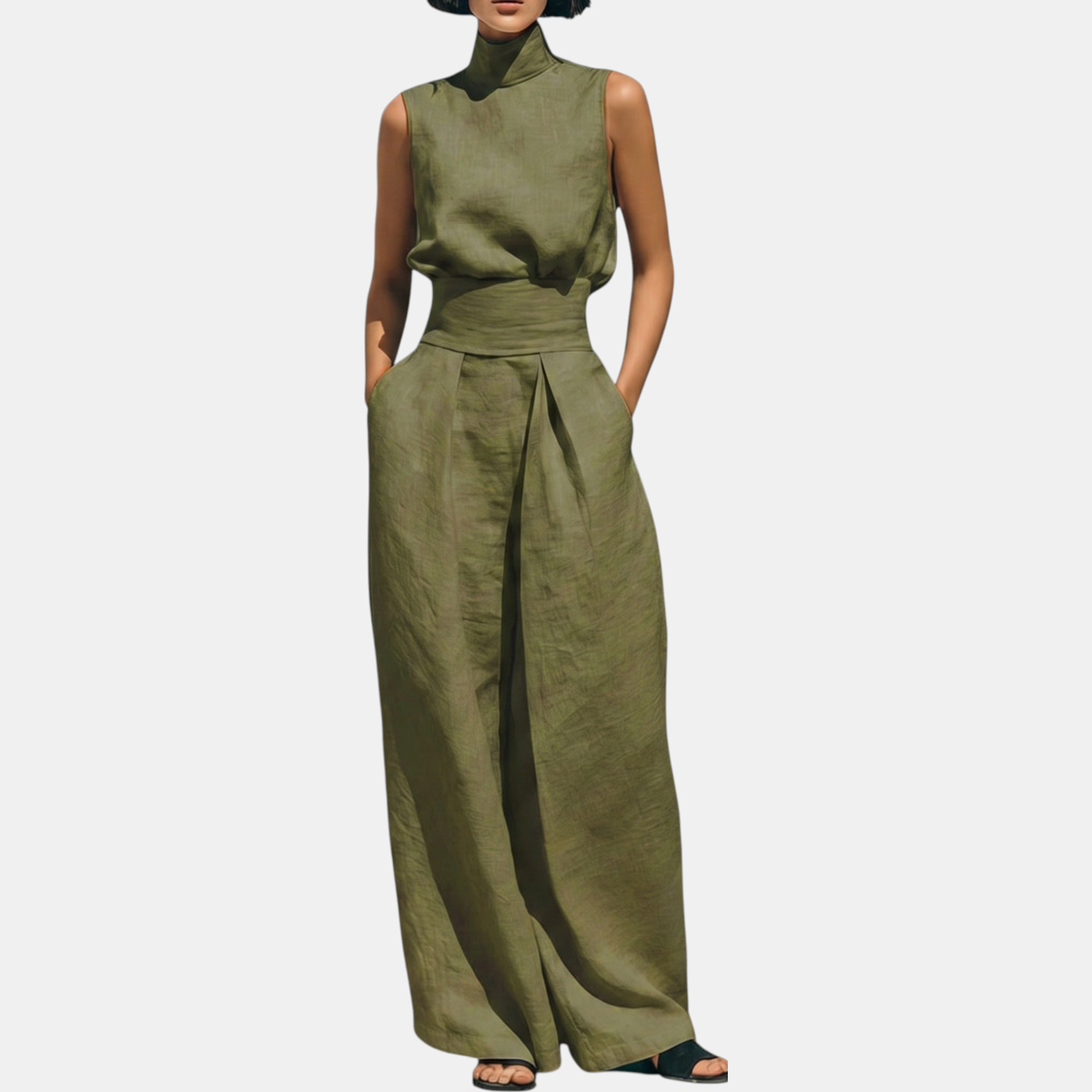 Women's Sleeveless Turtleneck Linen Wide Leg Trouser Co-ord Set