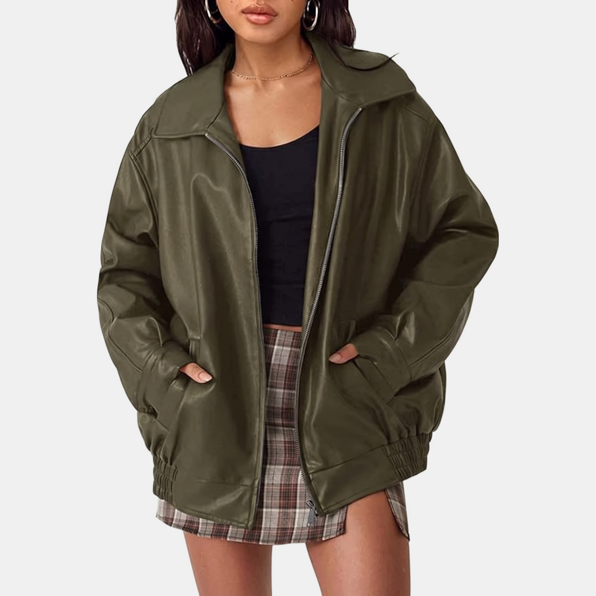 Women's Oversized Faux Leather Bomber Jacket with Zip Front