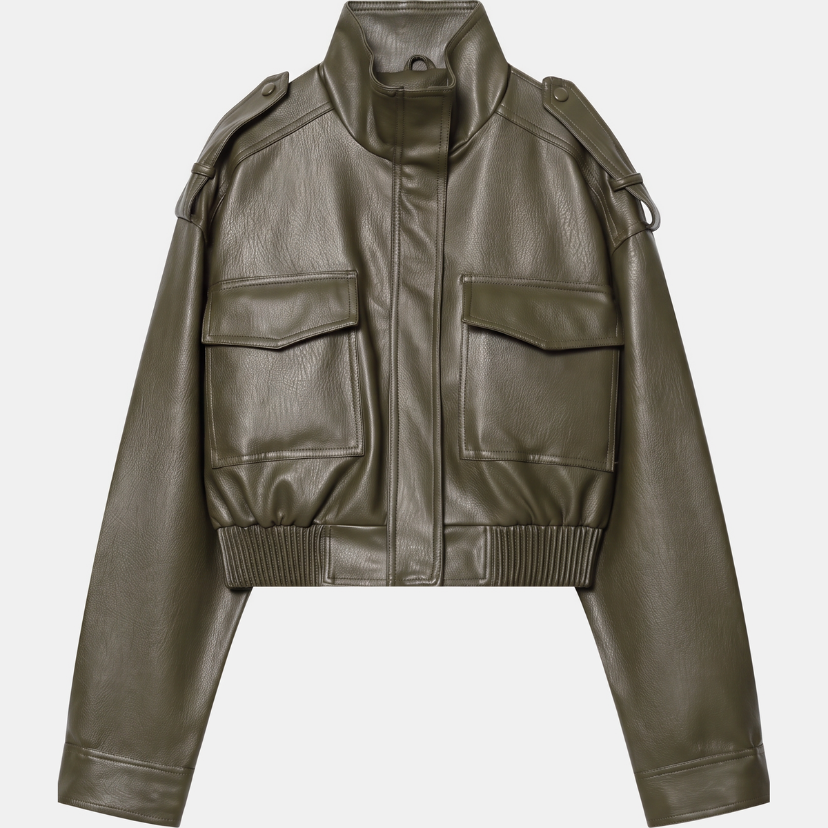 Women's Faux Leather Cropped Bomber Jacket with Cargo Pockets