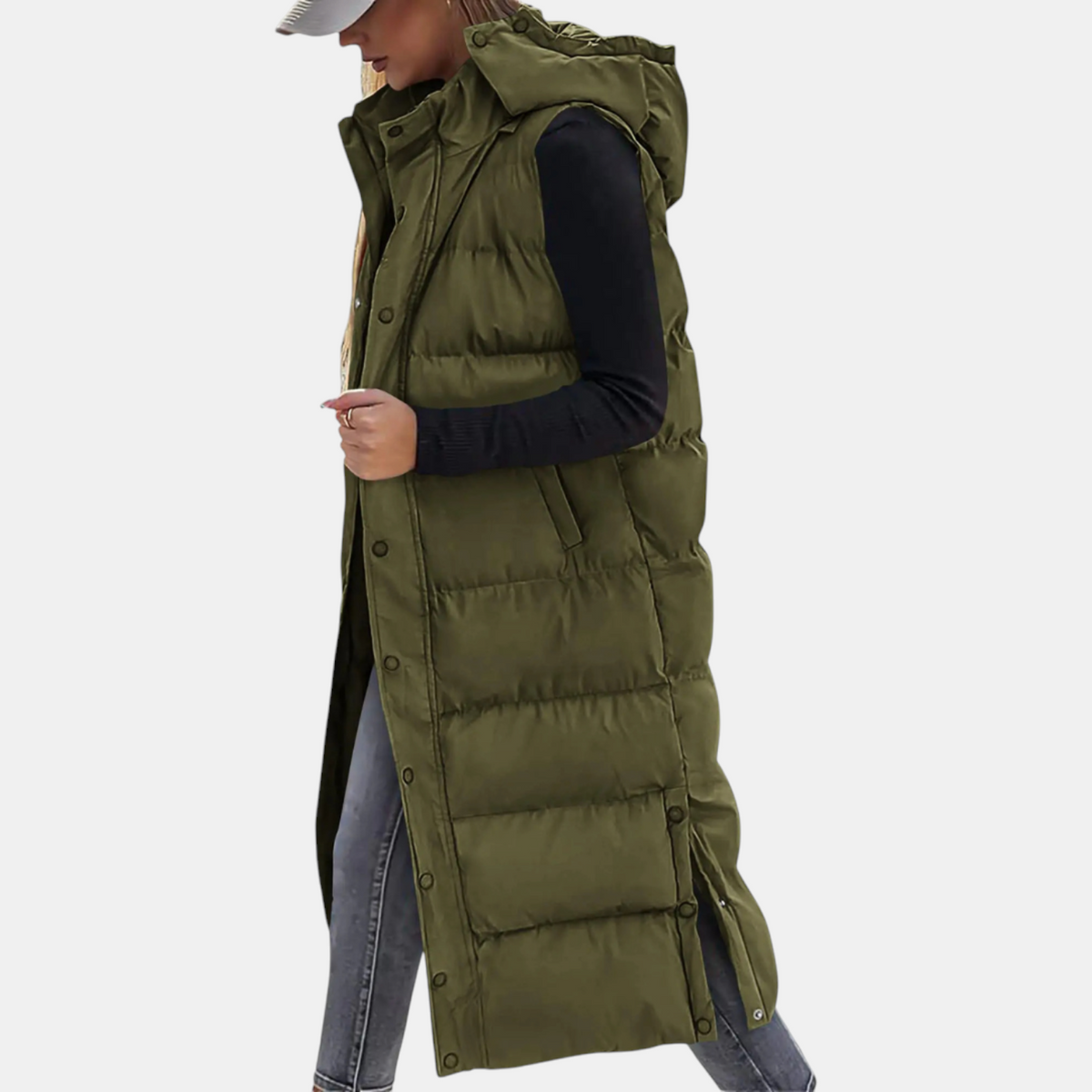 Laura - Women's Puffer Vest Quilted Hooded Maxi Length Button Down