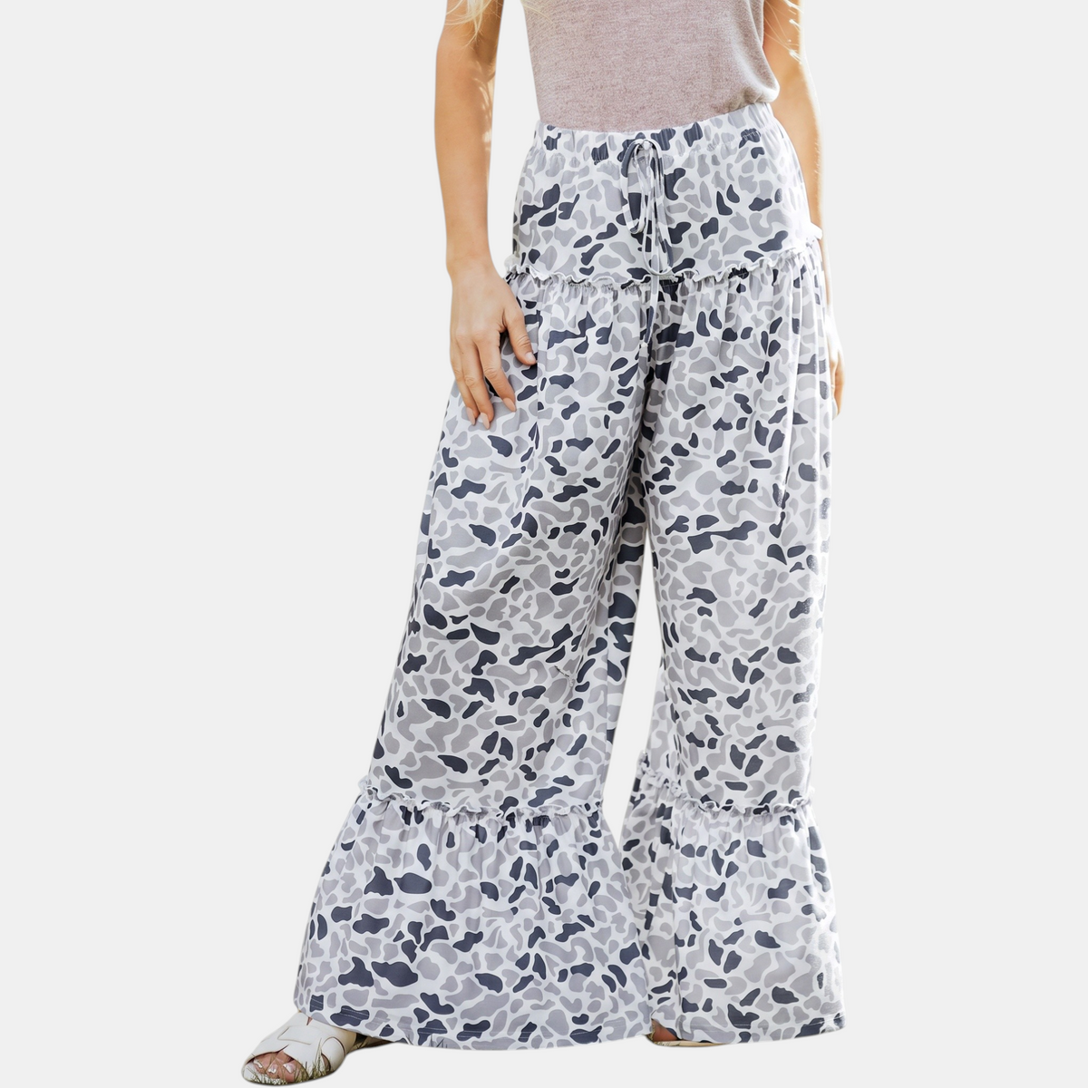 Women's Ruffle Hem Wide Leg Camo Pants