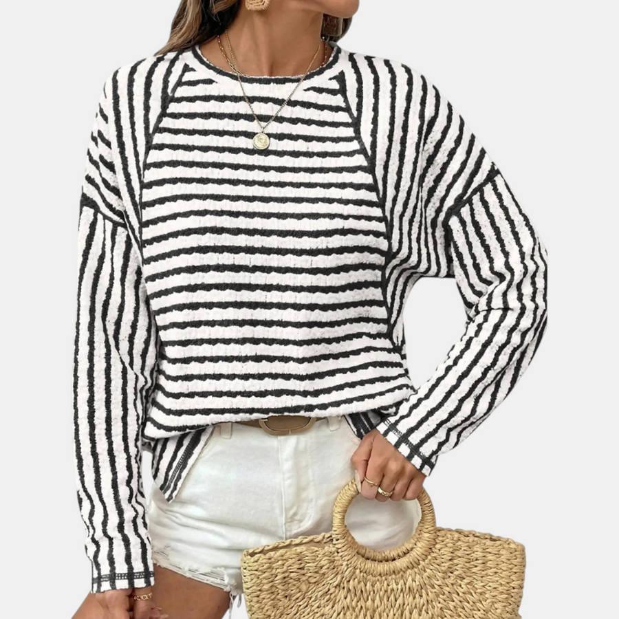 Women's Striped Crewneck Relaxed Raglan Pullover Sweatshirt
