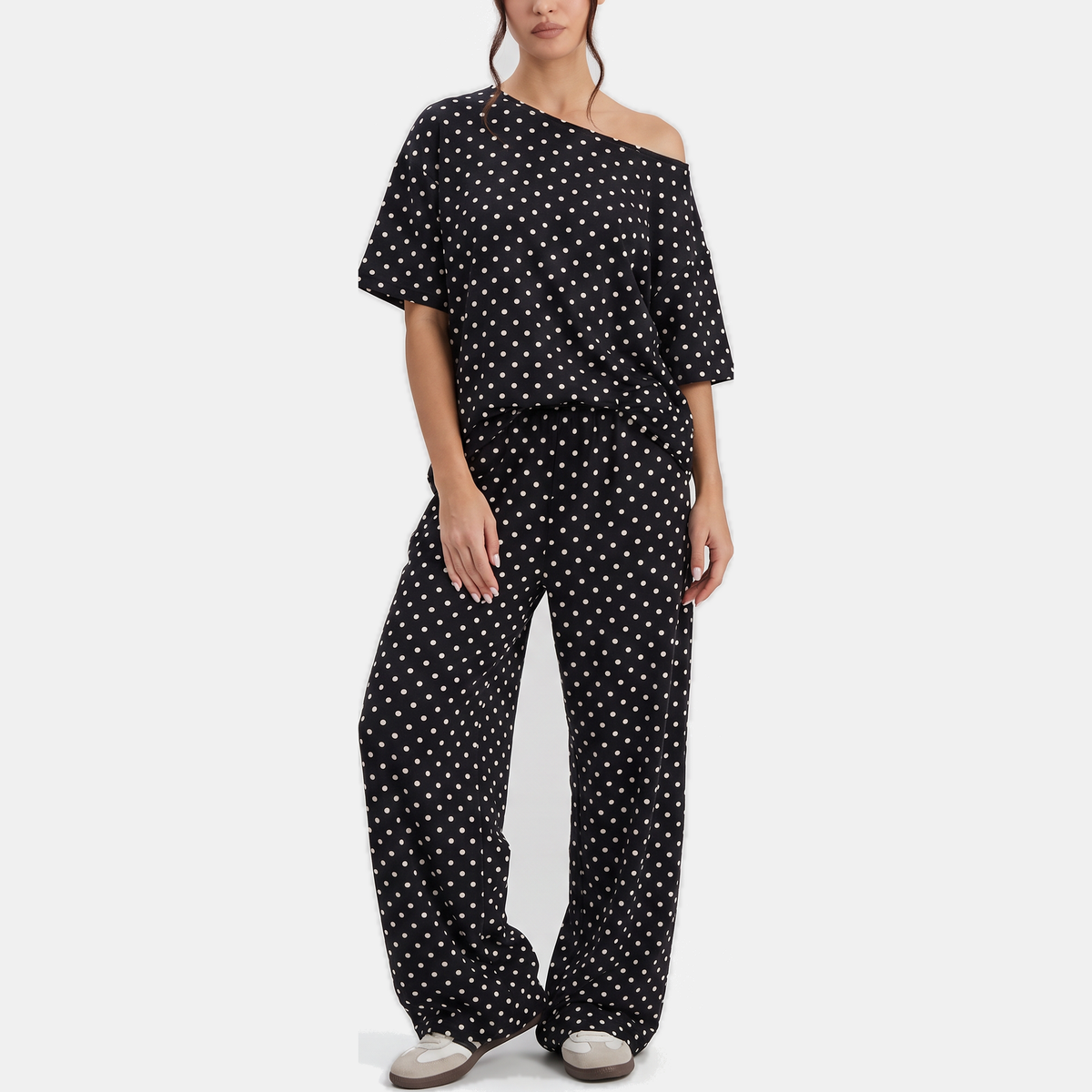 Women's One Shoulder Lounge Set Wide Leg Drawstring Trousers