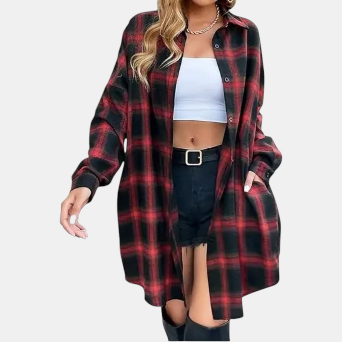 Women's Flannel Button Front Longline Plaid Shirt