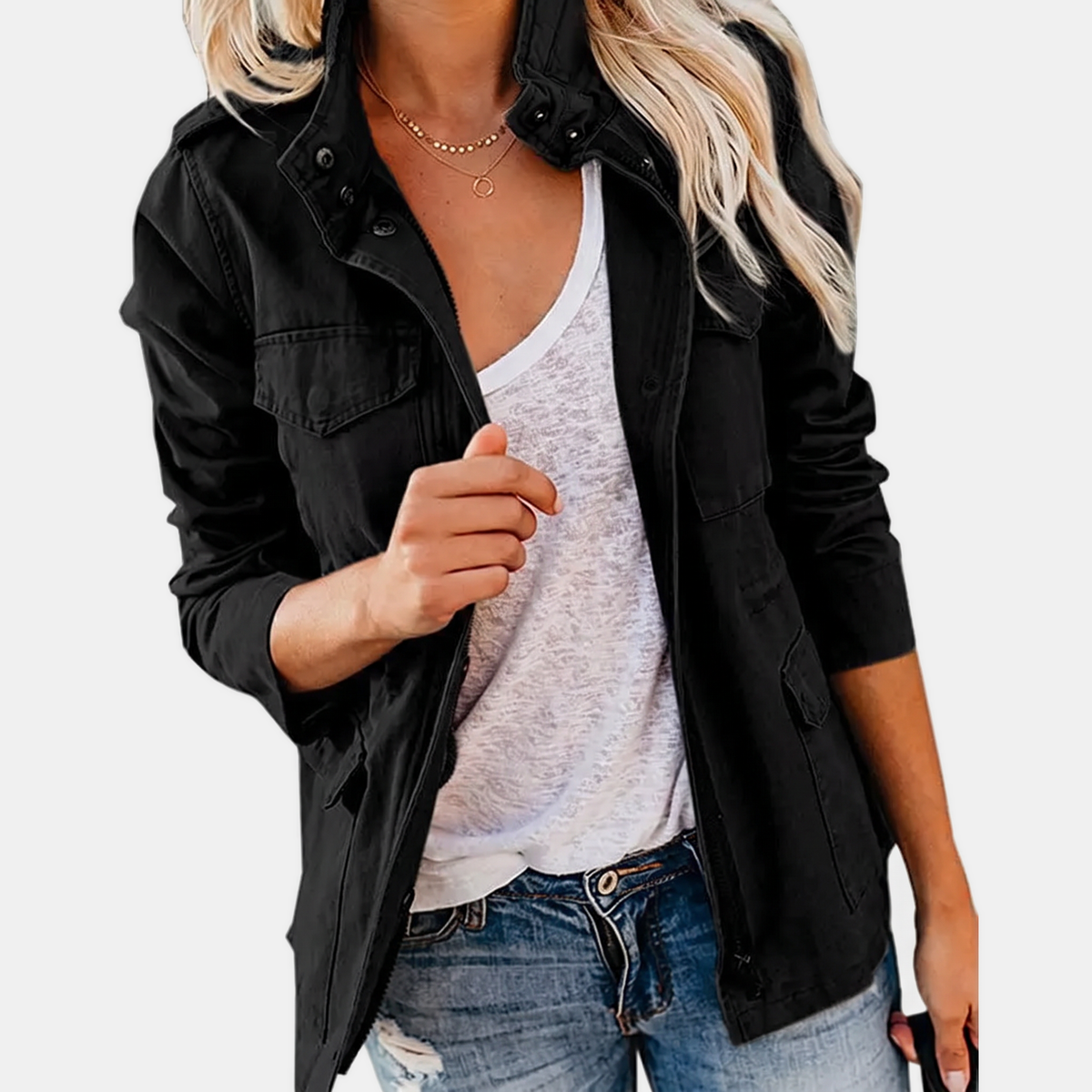 Women's Utility Field Jacket Snap Button Placket Drawstring Waist