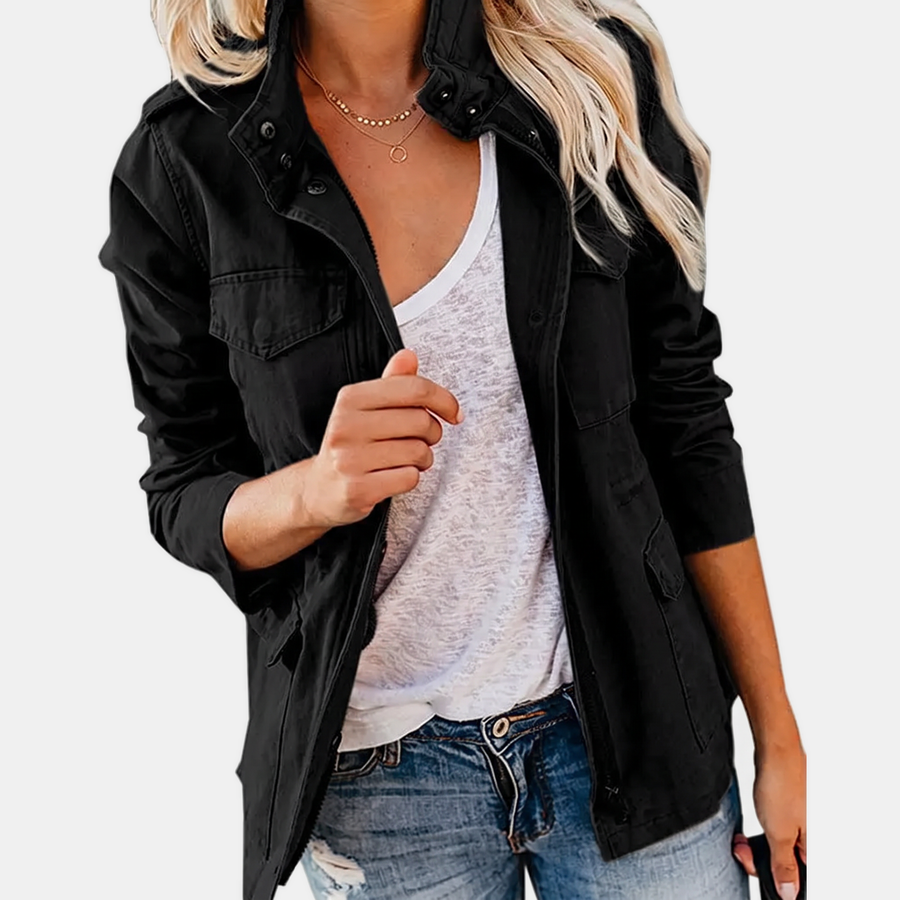 Women's Utility Field Jacket Snap Button Placket Drawstring Waist