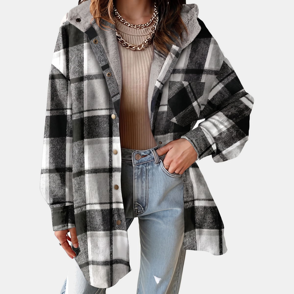 Women's Flannel Hooded Plaid Shacket Fleece Lined Coat