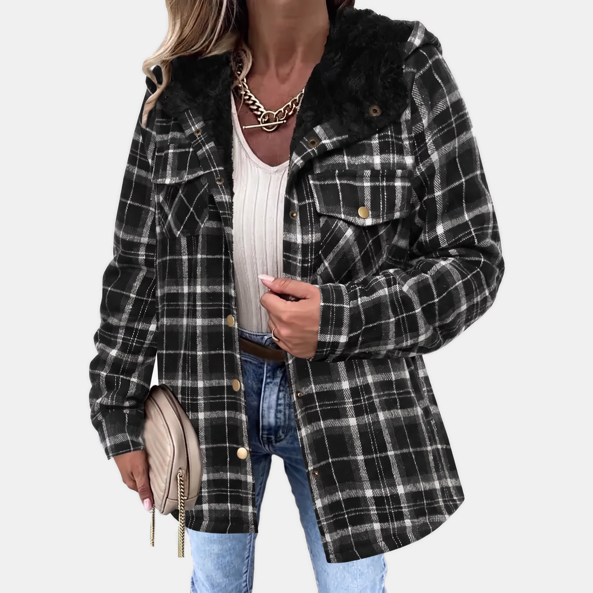 Women's Faux Fur Hooded Flannel Snap Button Shacket