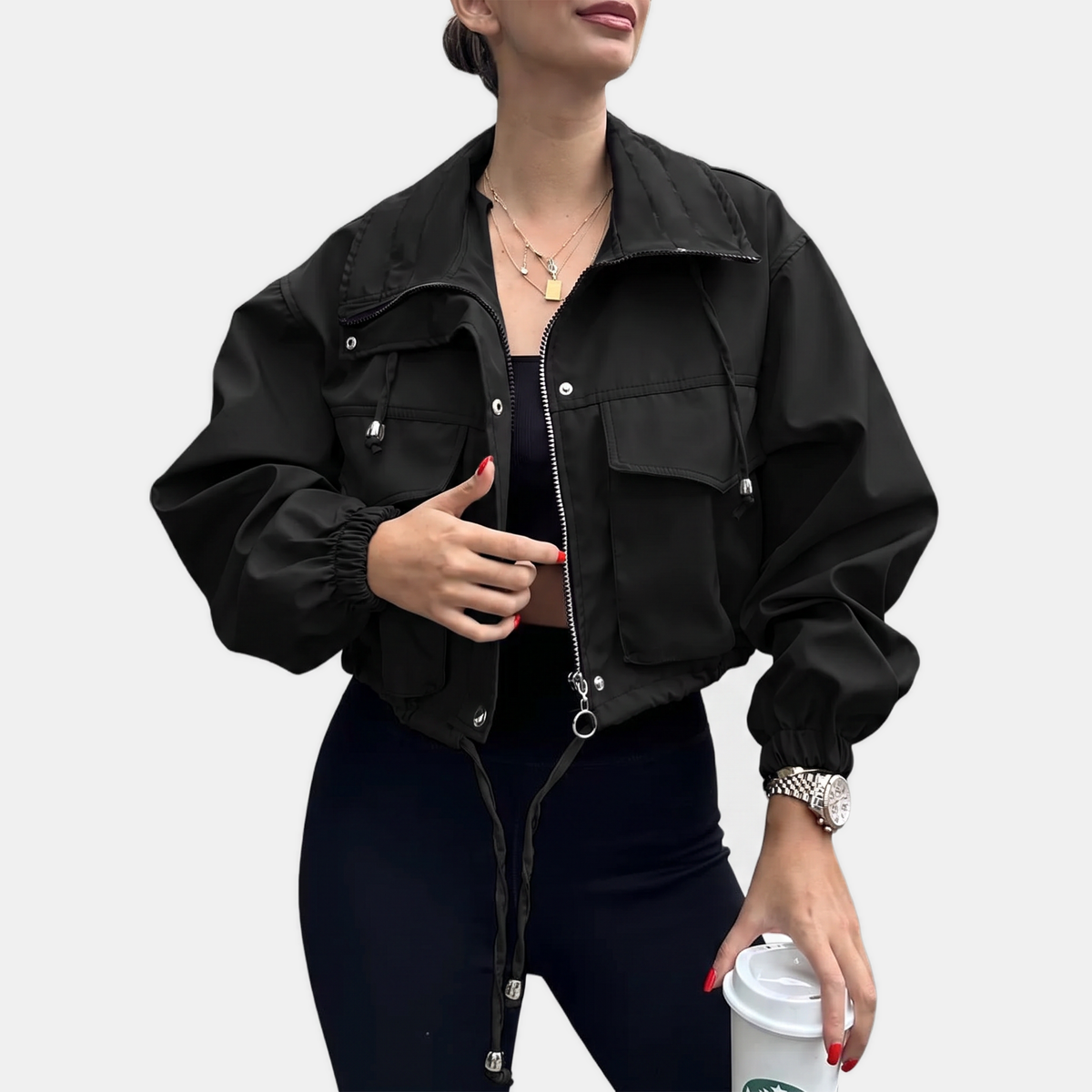 Women's Cropped Zip Up Windbreaker Cargo Jacket