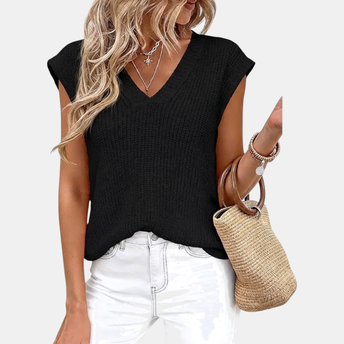 Women's Sweater Vest Chunky Ribbed Knit V-Neck Sleeveless Top