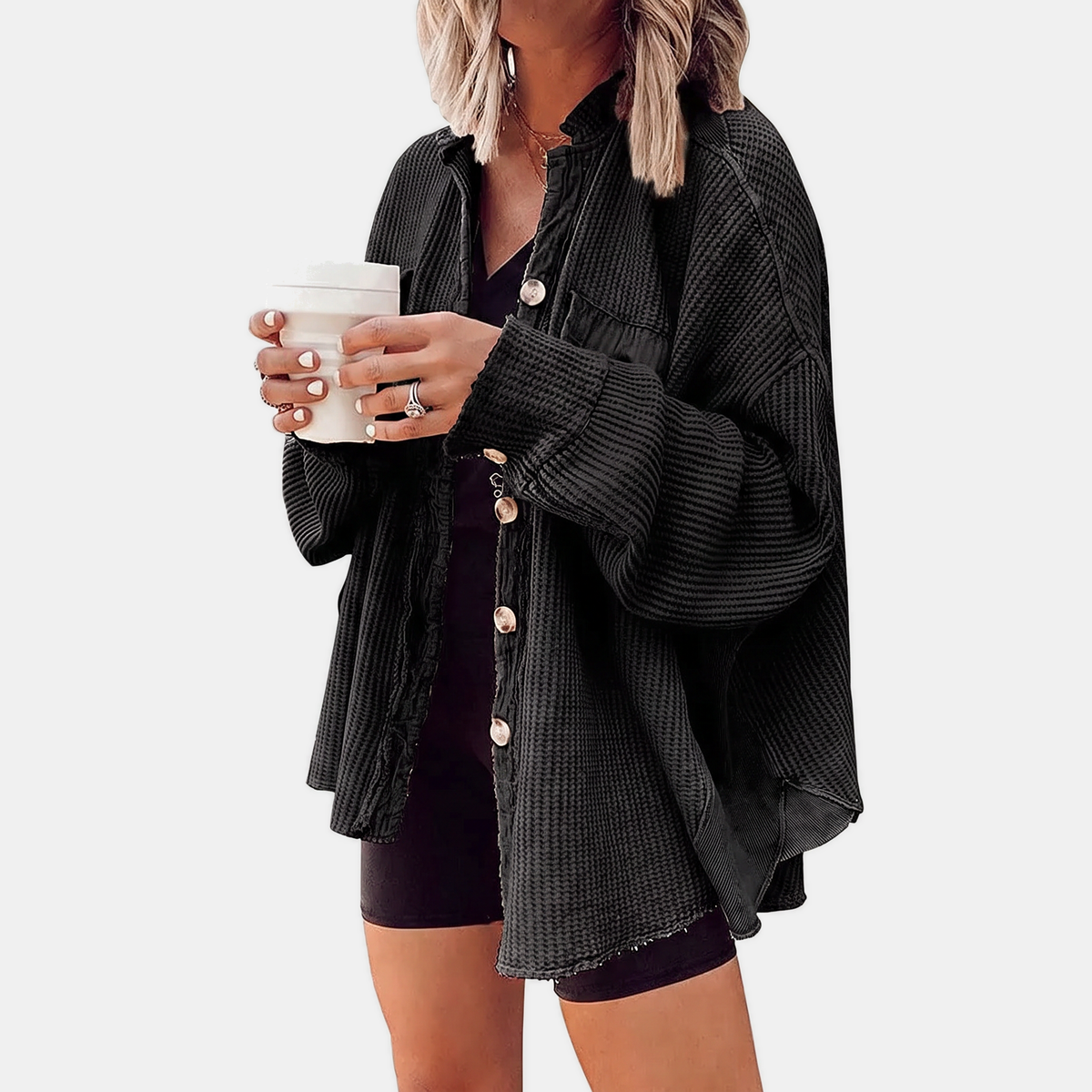 Women's Waffle Knit Raw Hem Button Front Oversized Shacket