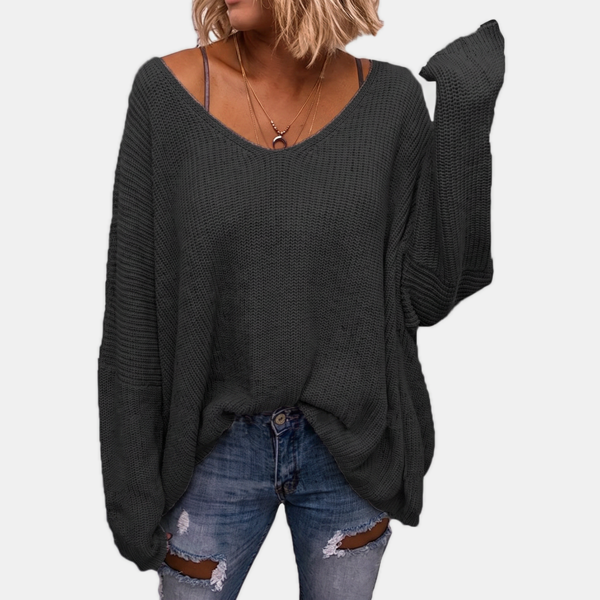 Women's Oversized V-Neck Batwing Sleeve Chunky Ribbed Knit Sweater