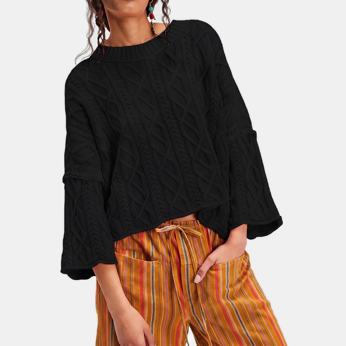 Women's Cable Knit Cropped Sweater Bell Sleeve Pullover
