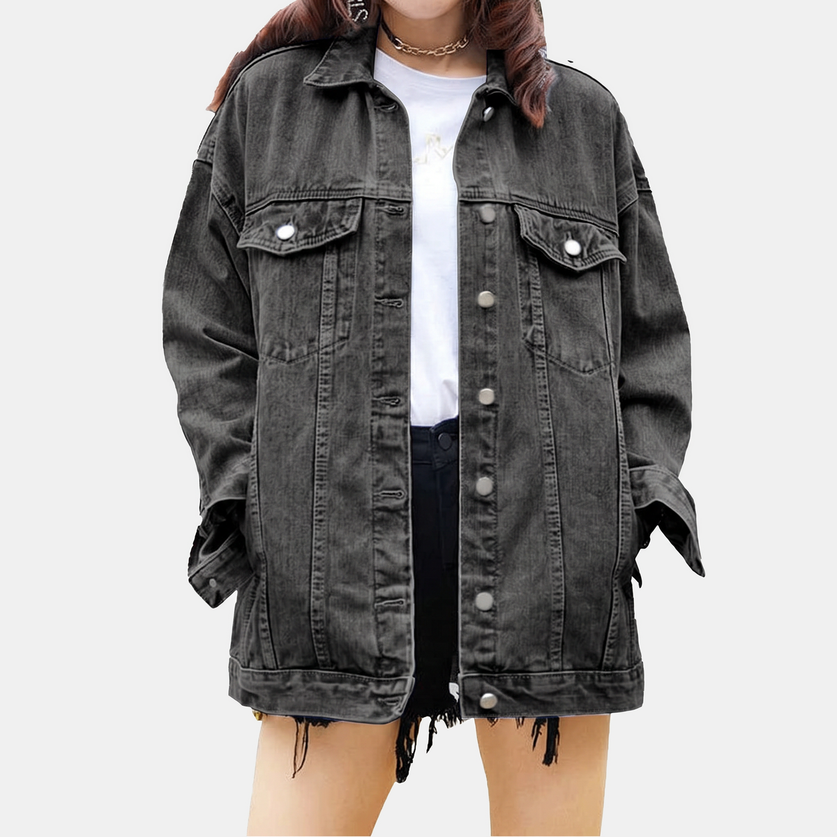 Women's Oversized Longline Denim Jacket with Snap Button Pockets