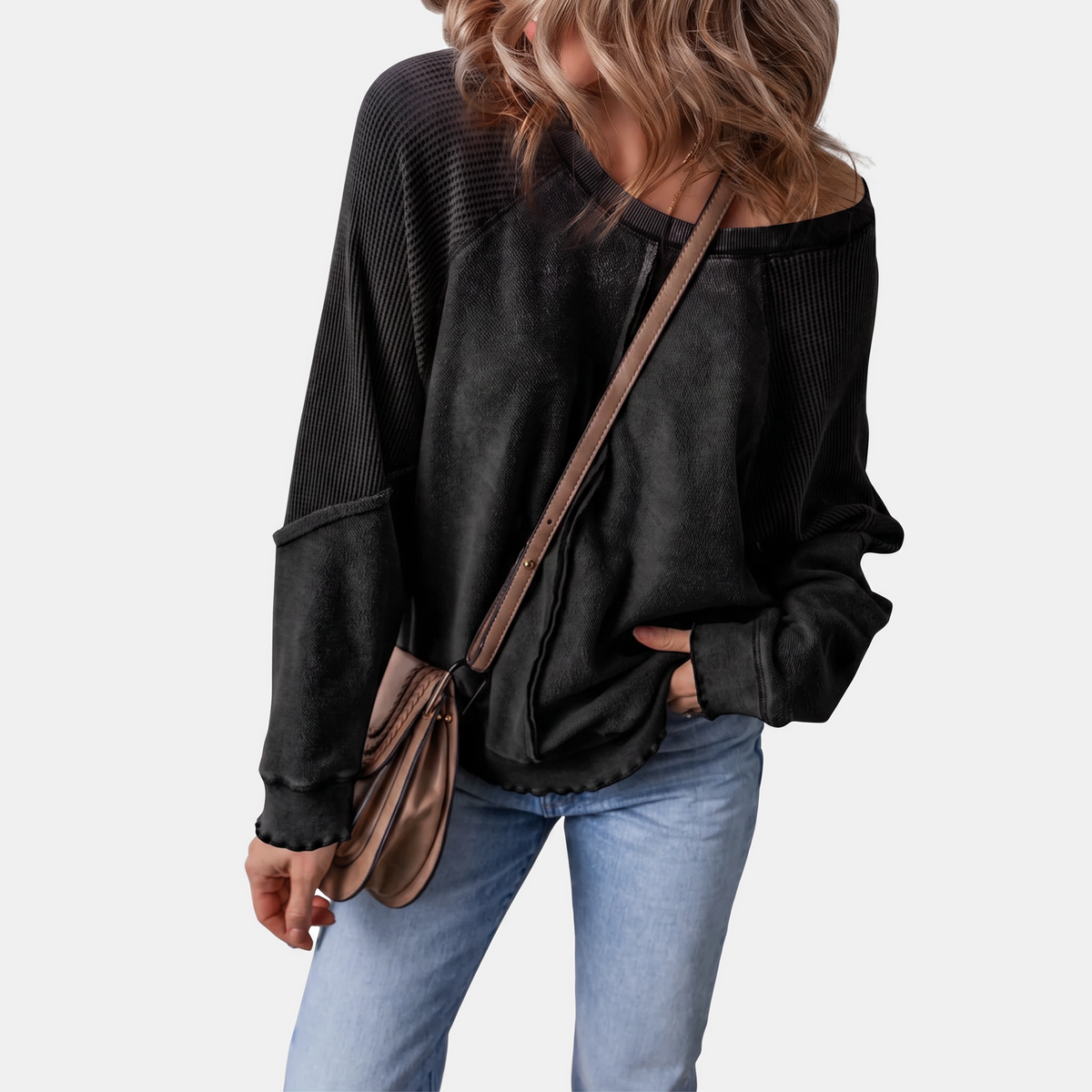 Women's Oversized Waffle Knit Sweater with Lettuce Hem