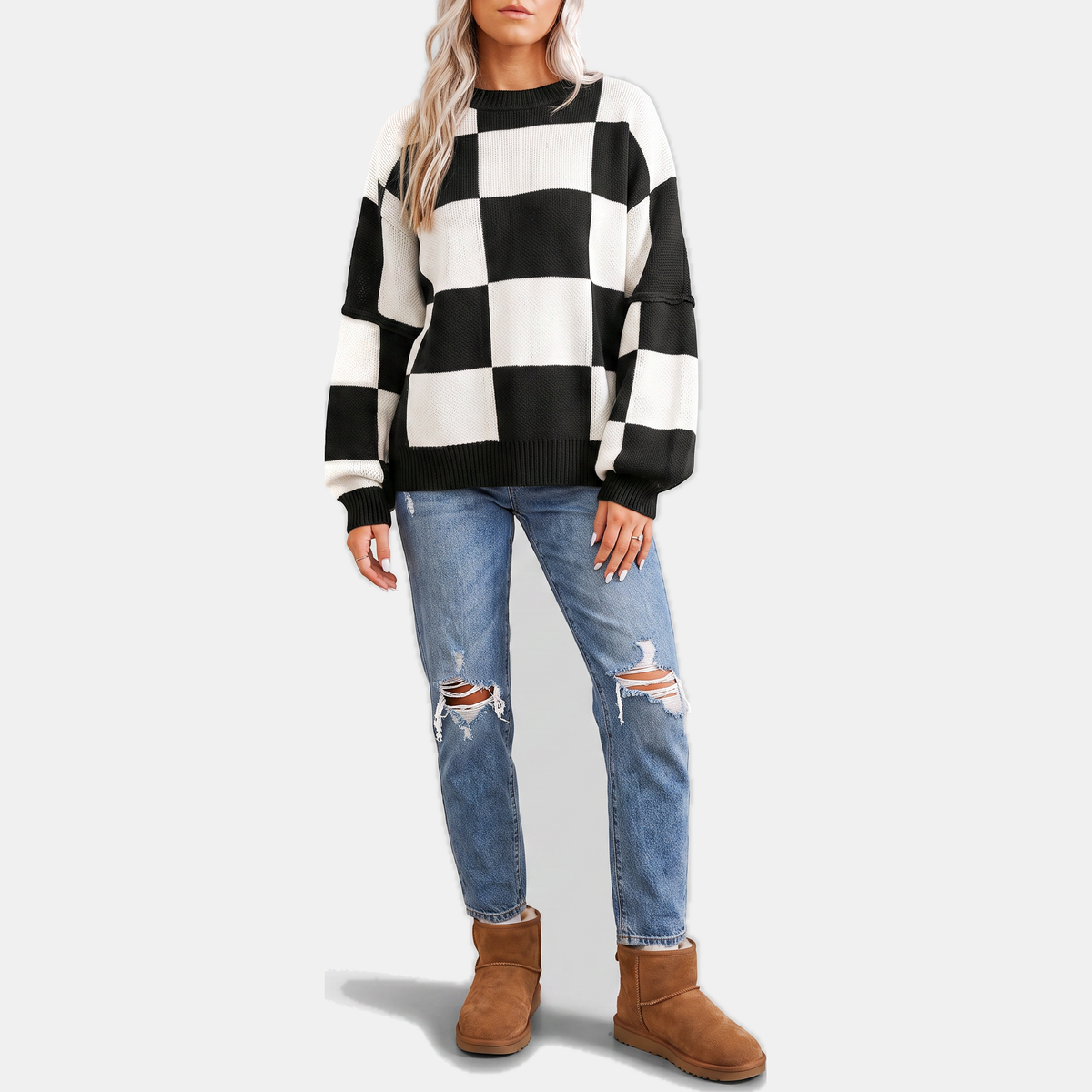 Women's Oversized Balloon Sleeve Checkered Knit Sweater